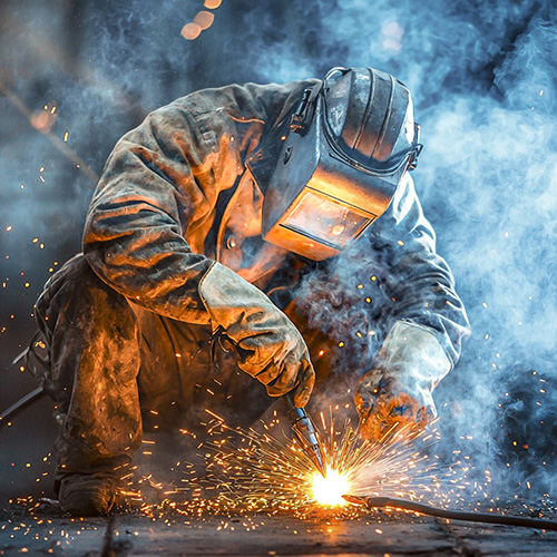 create a metalworker welding in a workshop with dark blue smoke/weldinglight --ar 7:4 --quality 2 --v 6.1 Job ID: d0c03e95-4d7a-44e0-9e2e-58978e22a399