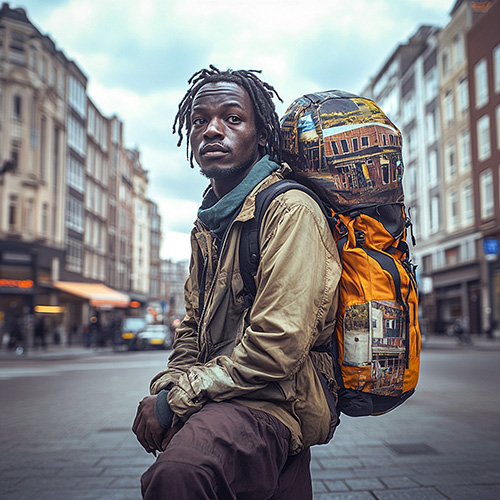 https://s.mj.run/d3hSfHGC5TA in the middle of the street in Rotterdam stay refugee, on his back he has a Liberian village, 8k, realism, documentary photo, film, sharp, photorealism. --v 6.1 Job ID: f1245cd2-07f1-4774-8f67-a174ef07cbe4